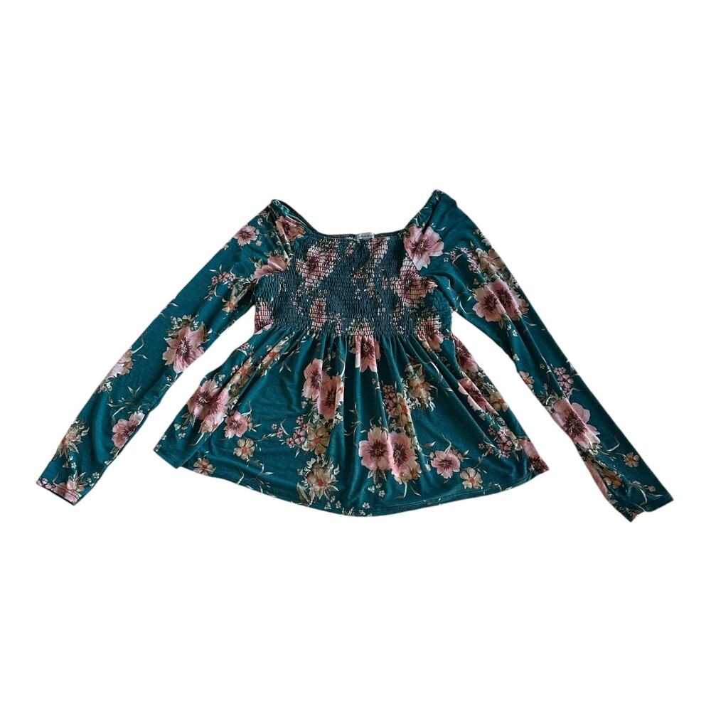 Womens Shirt Size Medium Teal Floral Cottage Whimsy Stretch Long Sleeve Feminine